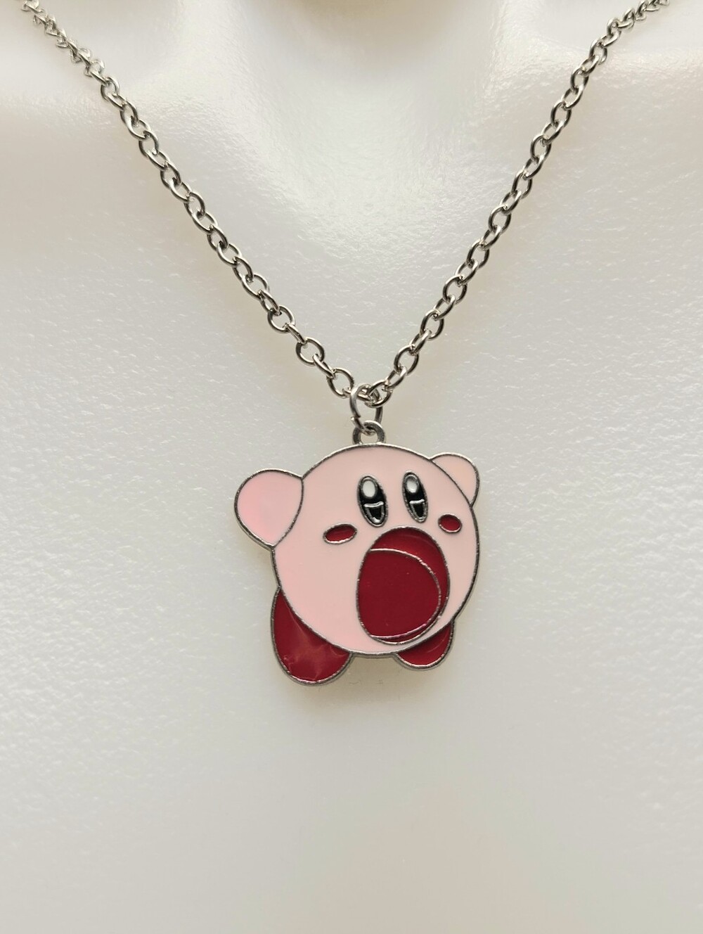 Kirby Nintendo Pink Enamel Pendant Charm Necklace with Silver Chain